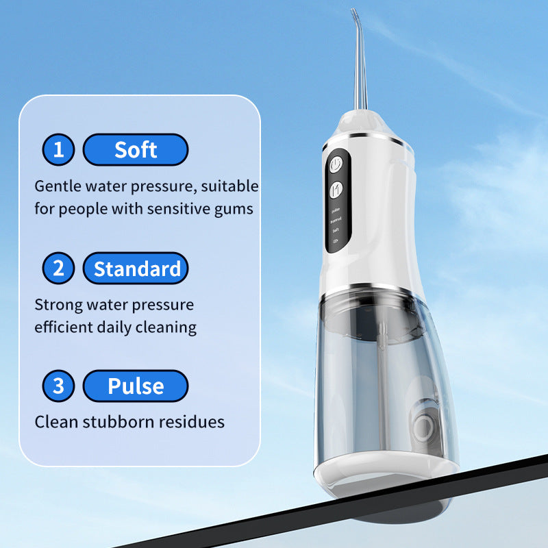 Blue portable electric oral irrigator with 4 nozzles and 3 pressure modes, designed for effective personal oral care by Hlpmedical.