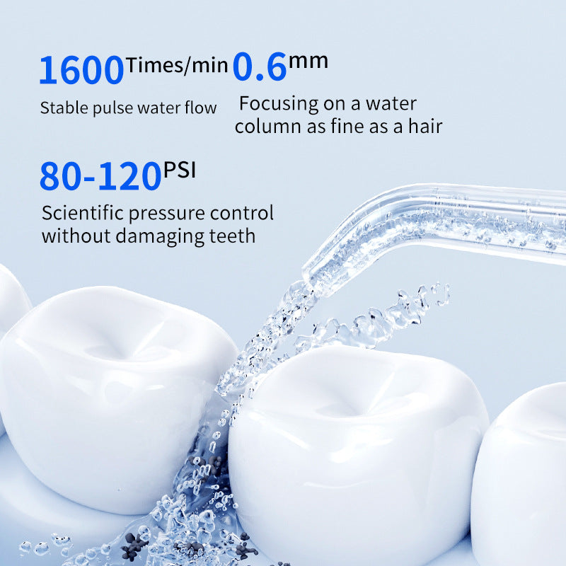 Portable electric oral irrigator in blue with four nozzles and three pressure modes by Hlpmedical, ideal for effective oral hygiene.