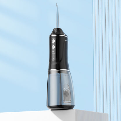Portable electric oral irrigator by Hlpmedical with four nozzles and three pressure modes, black color for effective oral care.