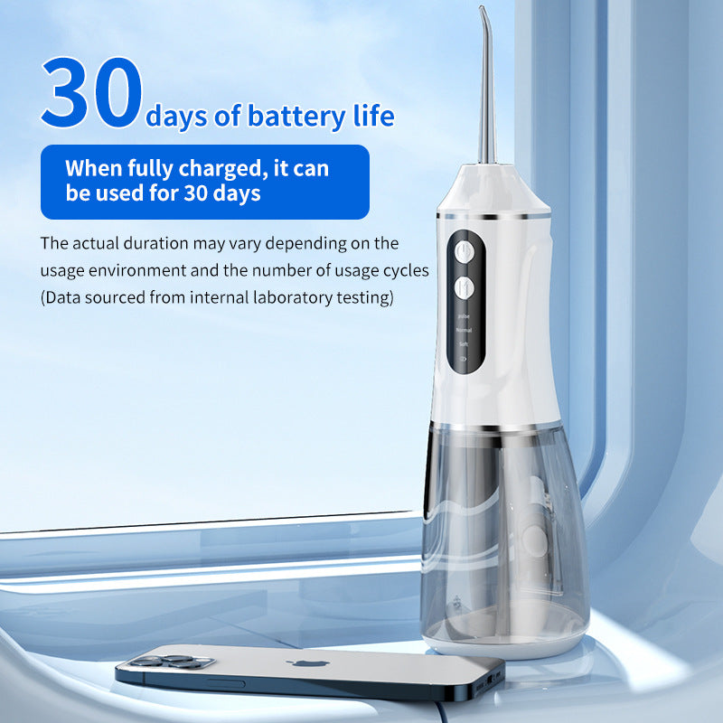 Portable electric oral irrigator with 4 nozzles and 3 pressure modes in black, ideal for oral hygiene and dental care.