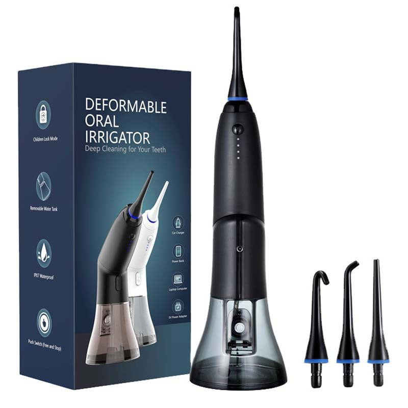 Black portable water flosser by Hlpmedical with rechargeable design, waterproof IPX7, featuring 4 cleaning modes for deep dental care.