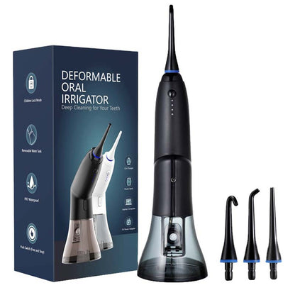 Black portable water flosser by Hlpmedical with rechargeable design, waterproof IPX7, featuring 4 cleaning modes for deep dental care.
