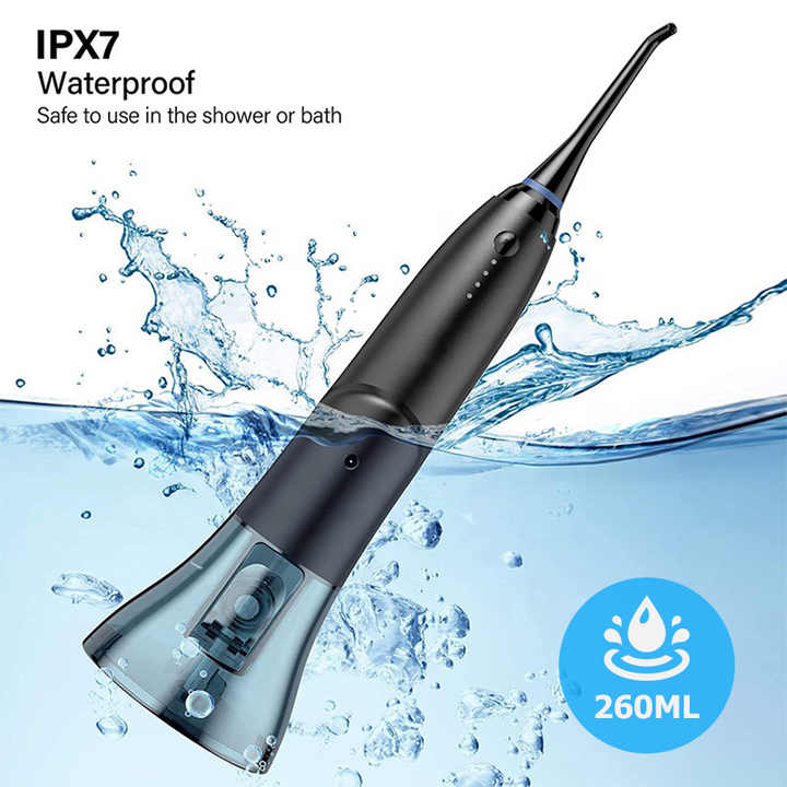 Black portable water flosser by Hlpmedical with rechargeable design, waterproof IPX7, and four cleaning modes for deep dental care.