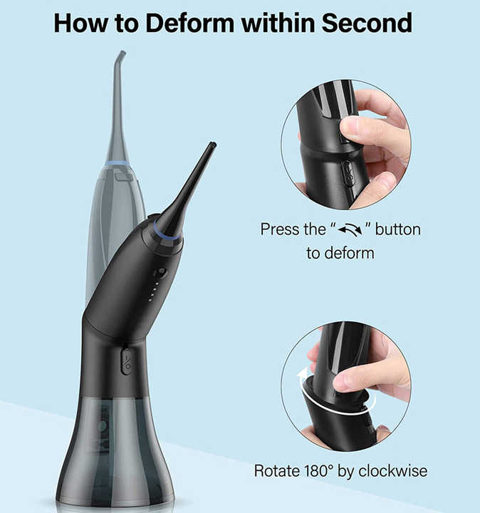 Black portable water flosser by Hlpmedical with rechargeable design, waterproof IPX7, featuring 4 cleaning modes for deep dental care.