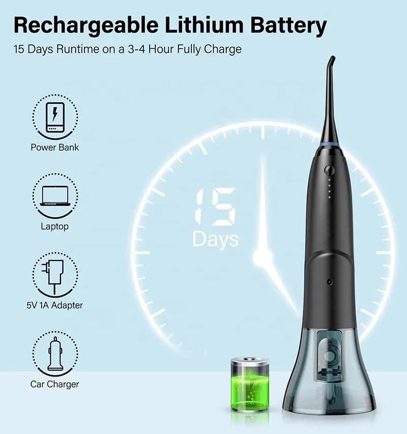 Black portable water flosser by Hlpmedical with four cleaning modes, rechargeable, waterproof oral irrigator for deep dental care.