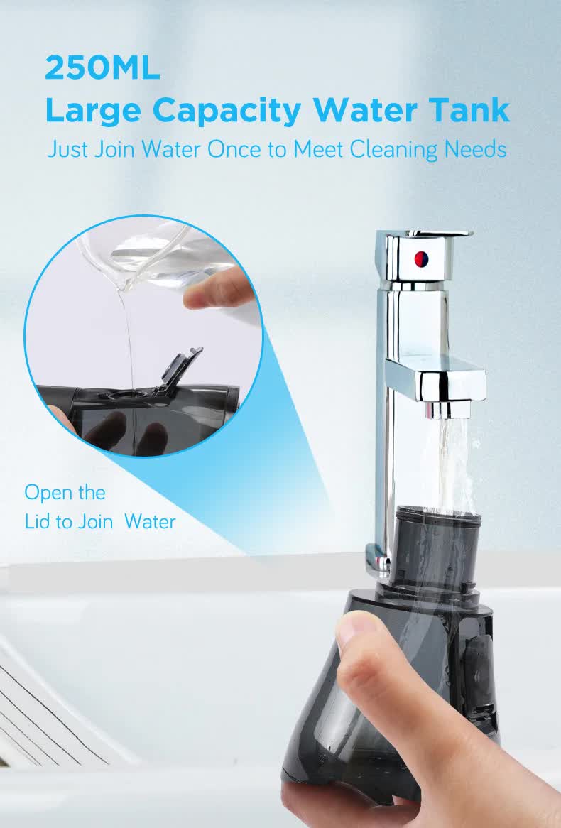 Black Hlpmedical portable water flosser with four cleaning modes, rechargeable, waterproof oral irrigator for deep dental care.