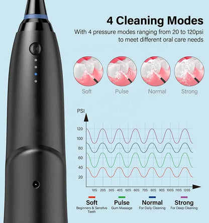 Black portable water flosser by Hlpmedical with rechargeable design, waterproof IPX7, and four cleaning modes for deep dental care.