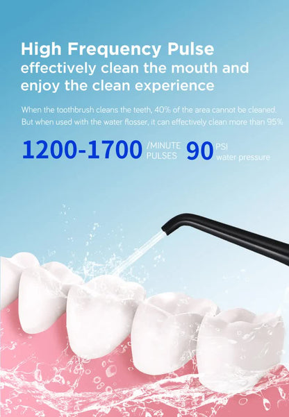 Black portable water flosser by Hlpmedical with rechargeable design, waterproof IPX7, and four cleaning modes for deep dental care.