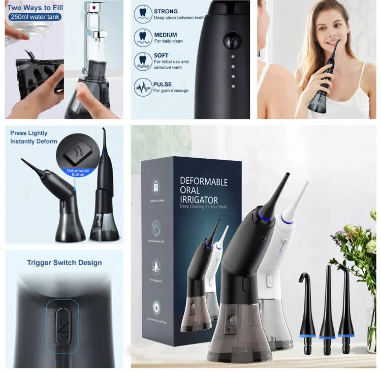 Black portable water flosser by Hlpmedical with rechargeable design, waterproof IPX7, and 4 cleaning modes for deep dental care.