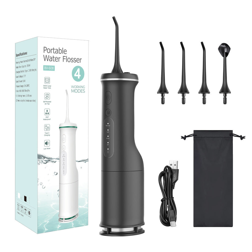 Black portable electric oral irrigator by Hlpmedical, compact water flosser for effective teeth cleaning and oral hygiene.