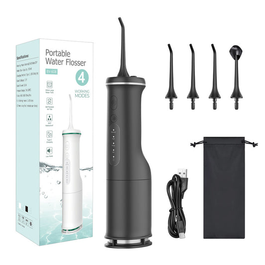 Black portable electric oral irrigator by Hlpmedical, compact water flosser for effective teeth cleaning and oral hygiene.