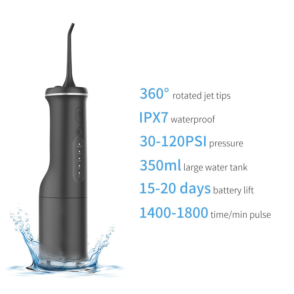 Black portable electric oral irrigator by Hlpmedical with water flosser tips for effective teeth cleaning and oral health care.