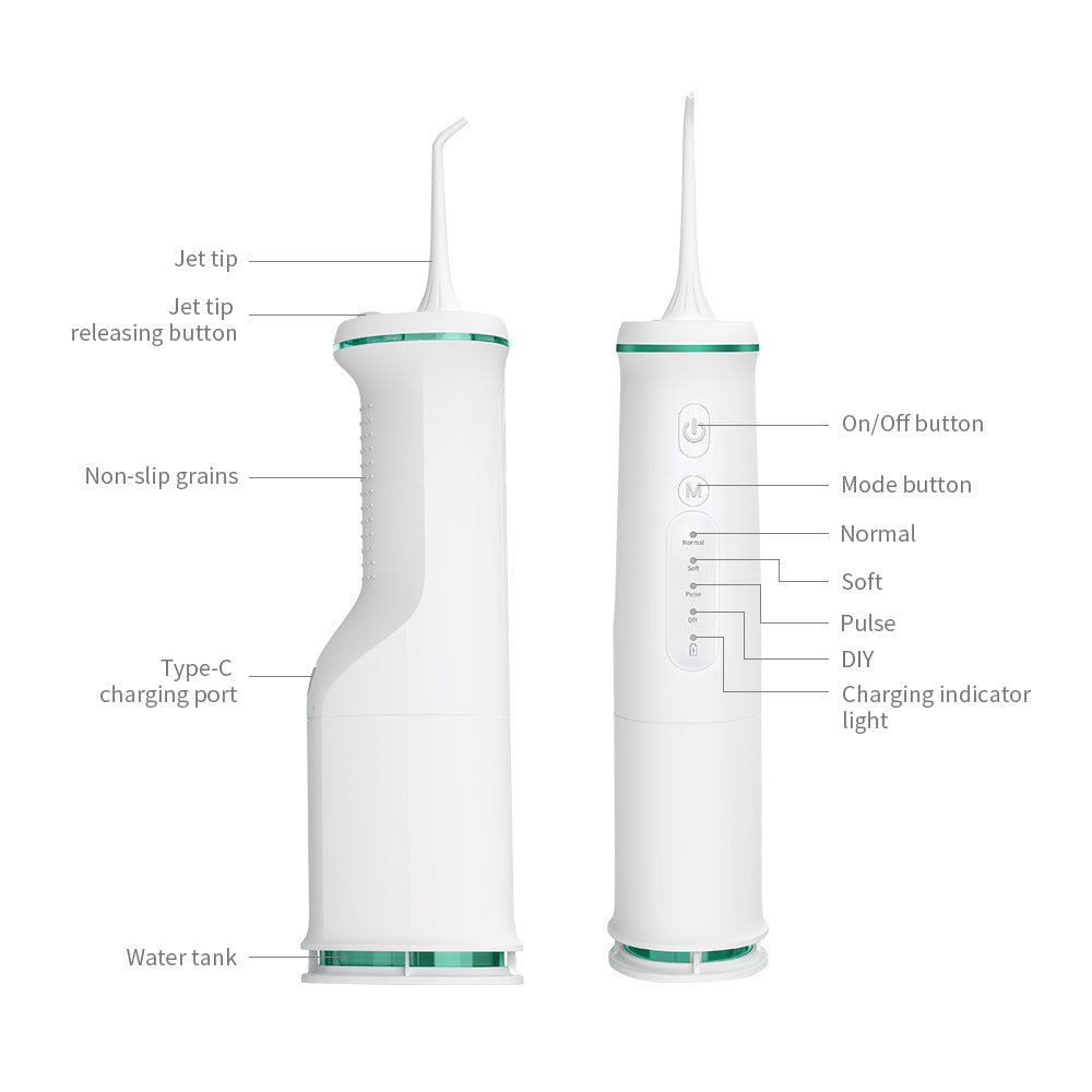 Black portable electric oral irrigator by Hlpmedical for teeth cleaning and oral health, compact water flosser for personal care.