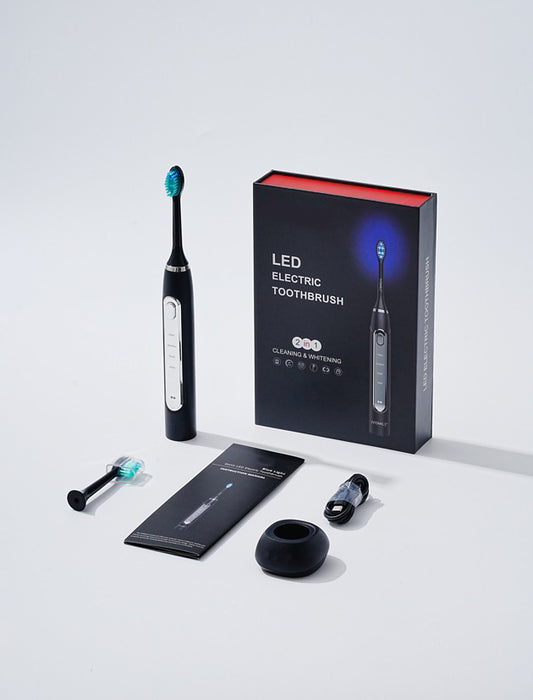 Black LED Sonic Electric Toothbrush by Hlpmedical with 2-in-1 cleaning and whitening, featuring four modes for oral care.
