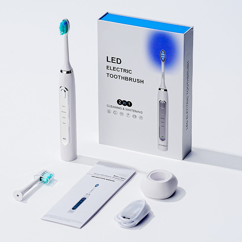 Hlpmedical LED Sonic Electric Toothbrush with 4 modes for 2-in-1 cleaning and whitening, featuring sleek white design