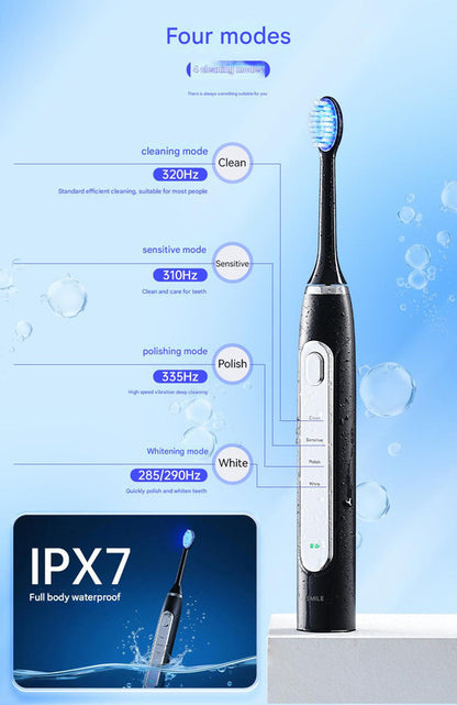 Hlpmedical LED Sonic Electric Toothbrush with 4 cleaning and whitening modes, featuring a sleek white design for oral care.