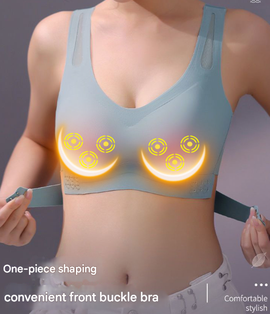 Blue wireless electric breast massager bra by Hlpmedical with 5 vibration modes and 3 heat levels for lifting and comfort.
