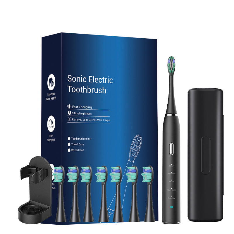 Black Hlpmedical Sonic Electric Toothbrush with 8 replacement heads, travel case, 5 brushing modes, and smart timer.