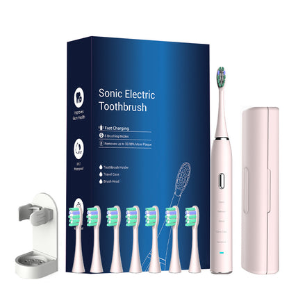Pink Sonic rechargeable electric toothbrush with 8 replacement heads, travel case, multiple modes, and smart timer from Hlpmedical.