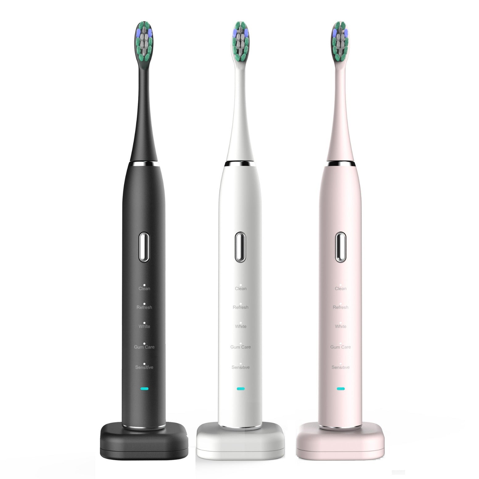 Pink Sonic rechargeable electric toothbrush by Hlpmedical with 8 replacement heads, travel case, 5 brushing modes, and smart timer.