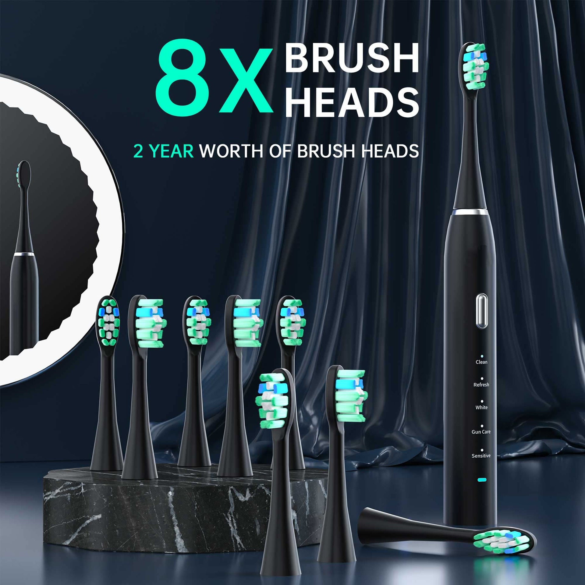 Pink Sonic rechargeable electric toothbrush by Hlpmedical with 8 brush heads, travel case, 5 modes, and smart timer for oral care.
