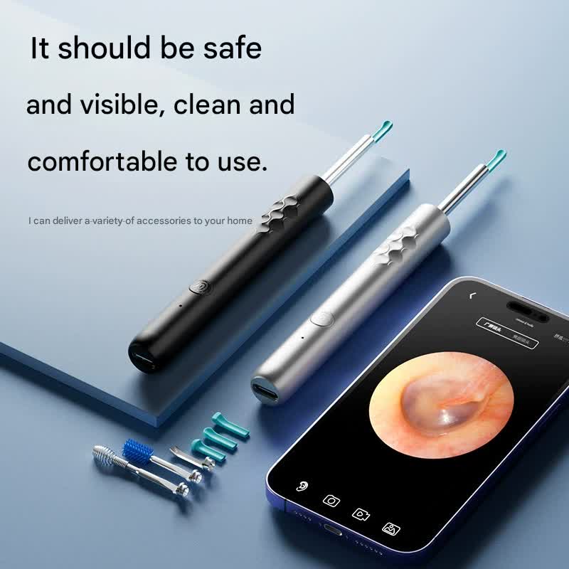 Hlpmedical Smart Visual Ear Cleaner with HD WiFi camera, black silicone tip, USB-C rechargeable otoscope for safe ear wax removal.