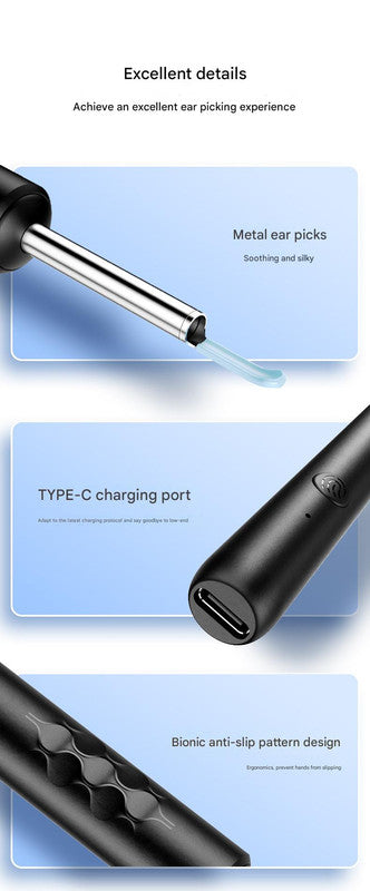 Hlpmedical Smart Visual Ear Cleaner with HD WiFi camera, black silicone tips, USB-C rechargeable otoscope for safe ear wax removal.