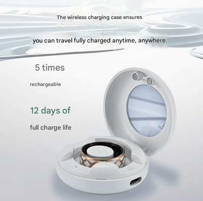 Hlpmedical 9# striped gold titanium steel health ring with wireless charging case, tracking heart rate, sleep, and blood oxygen levels.