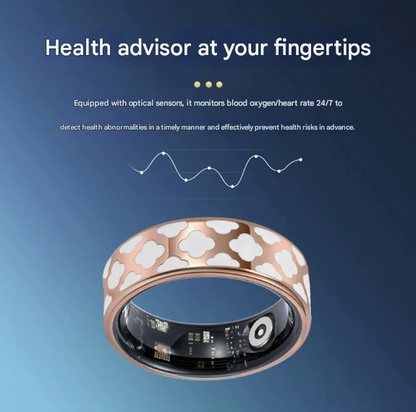 Hlpmedical striped gold titanium steel smart health ring with wireless charging case, showing heart rate and sleep monitoring features