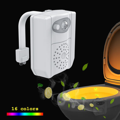 Hlpmedical motion sensor toilet night light with 16 LED colors, bathroom bowl lamp, UV sanitizer, and aromatherapy options.