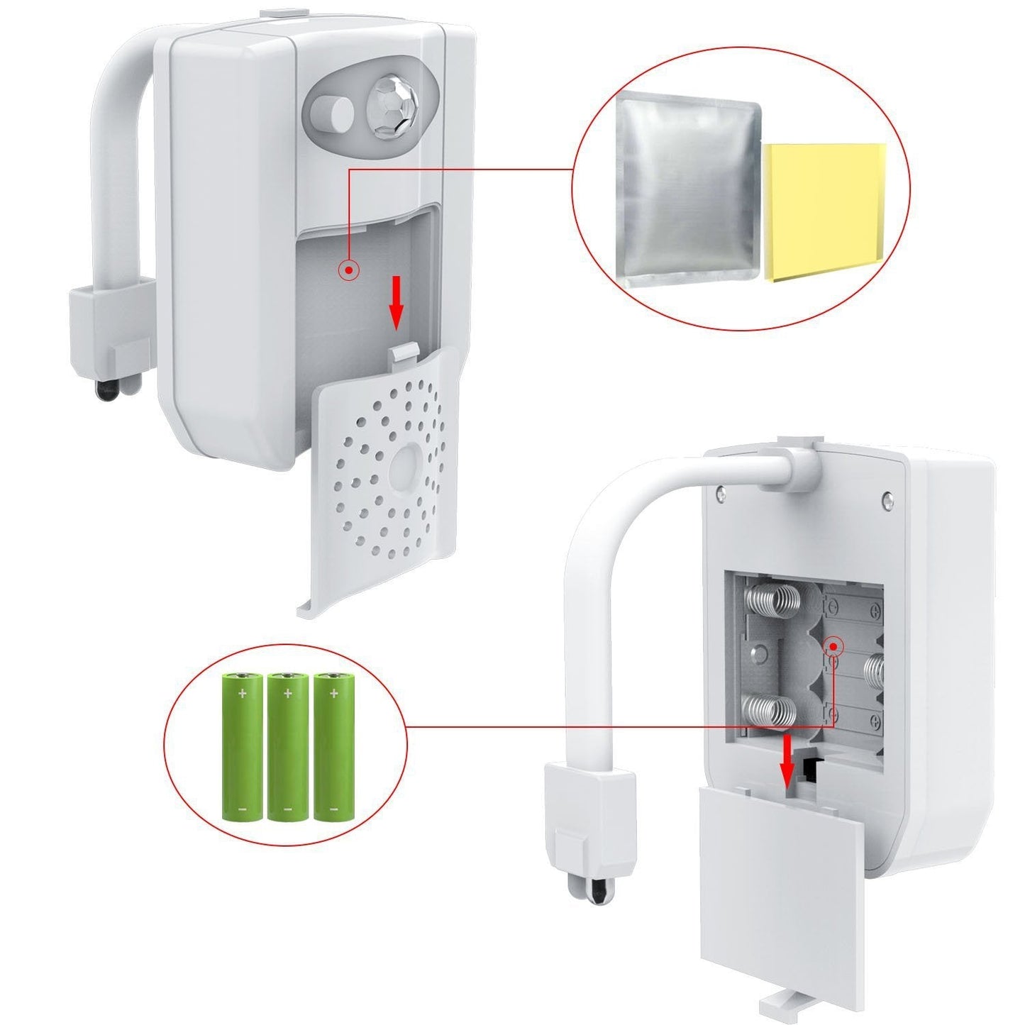 Hlpmedical motion sensor toilet night light with 16 LED colors, bathroom bowl lamp featuring UV sanitizer and aromatherapy options.