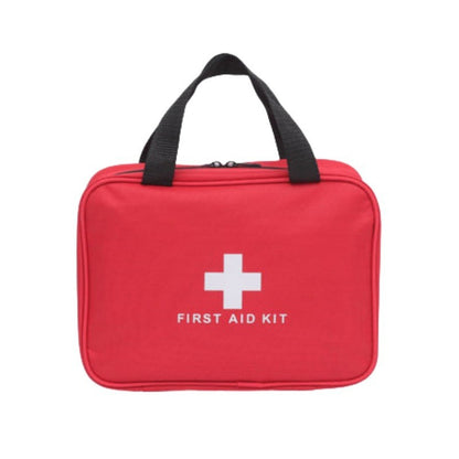 Red waterproof nylon first aid kit bag by Hlpmedical, portable emergency medical storage case for home, car, camping, and travel.