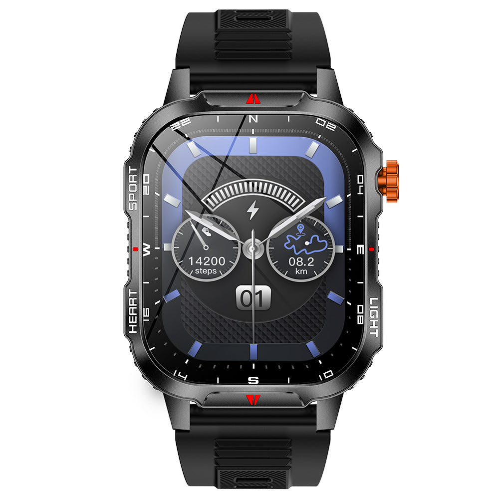 Hlpmedical rugged outdoor men's smartwatch with 2.01-inch HD screen, LED flashlight, compass, waterproof IP68, Bluetooth calling.