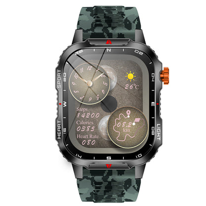 Hlpmedical rugged outdoor men's smartwatch with HD screen, LED flashlight, compass, waterproof IP68, Bluetooth calling, camouflage design