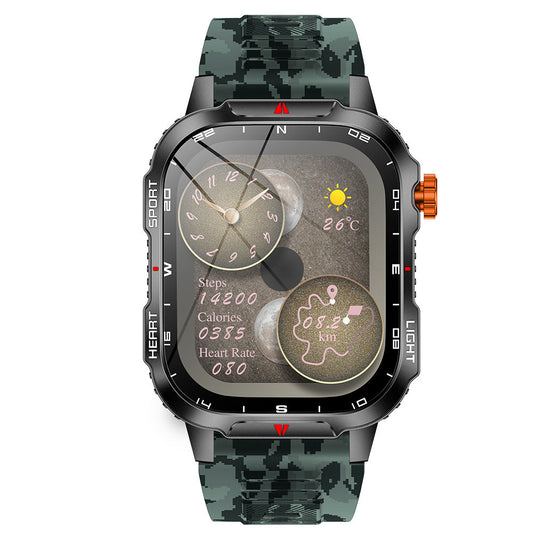 Hlpmedical rugged outdoor men's smartwatch with HD screen, LED flashlight, compass, waterproof IP68, Bluetooth calling, camouflage design