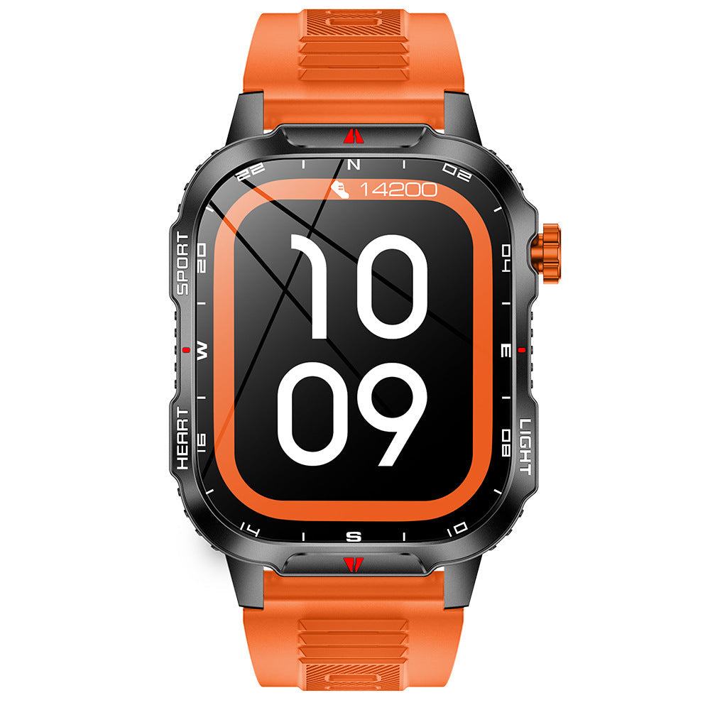 Hlpmedical rugged outdoor men's smartwatch with orange band, HD screen, LED flashlight, compass, Bluetooth calling, IP68 waterproof.