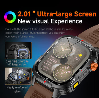Hlpmedical rugged outdoor men's smartwatch with 2.01-inch HD screen, orange band, LED flashlight, compass, and waterproof design.
