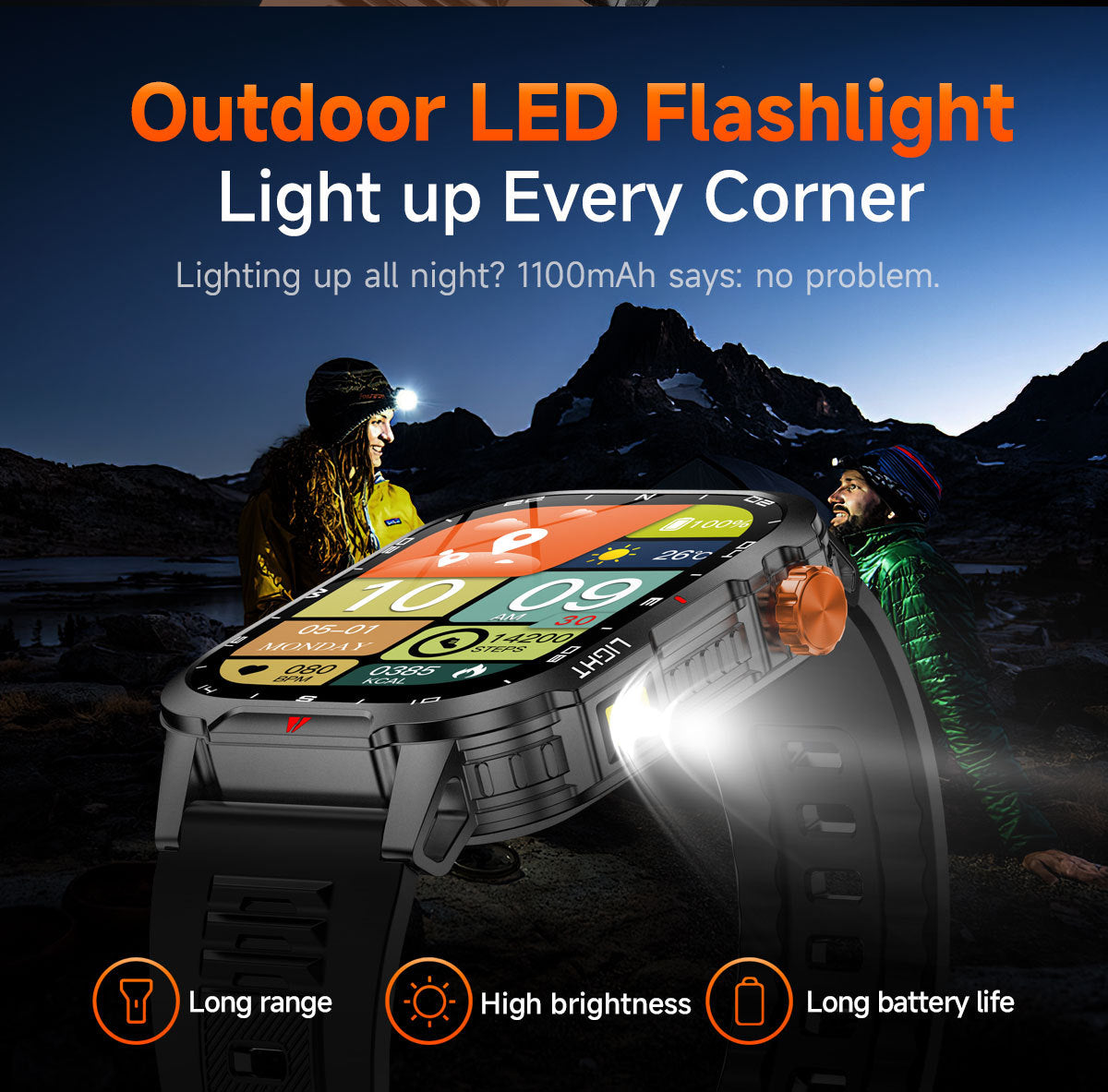 Hlpmedical rugged men's outdoor smartwatch with 2.01" HD display, orange band, LED flashlight, compass, Bluetooth calling, IP68 waterproof