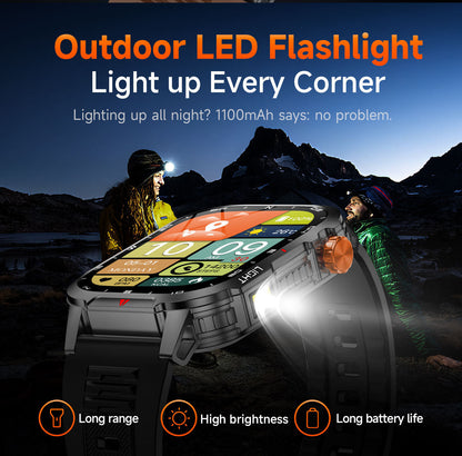 Hlpmedical rugged men's outdoor smartwatch with 2.01" HD display, orange band, LED flashlight, compass, Bluetooth calling, IP68 waterproof