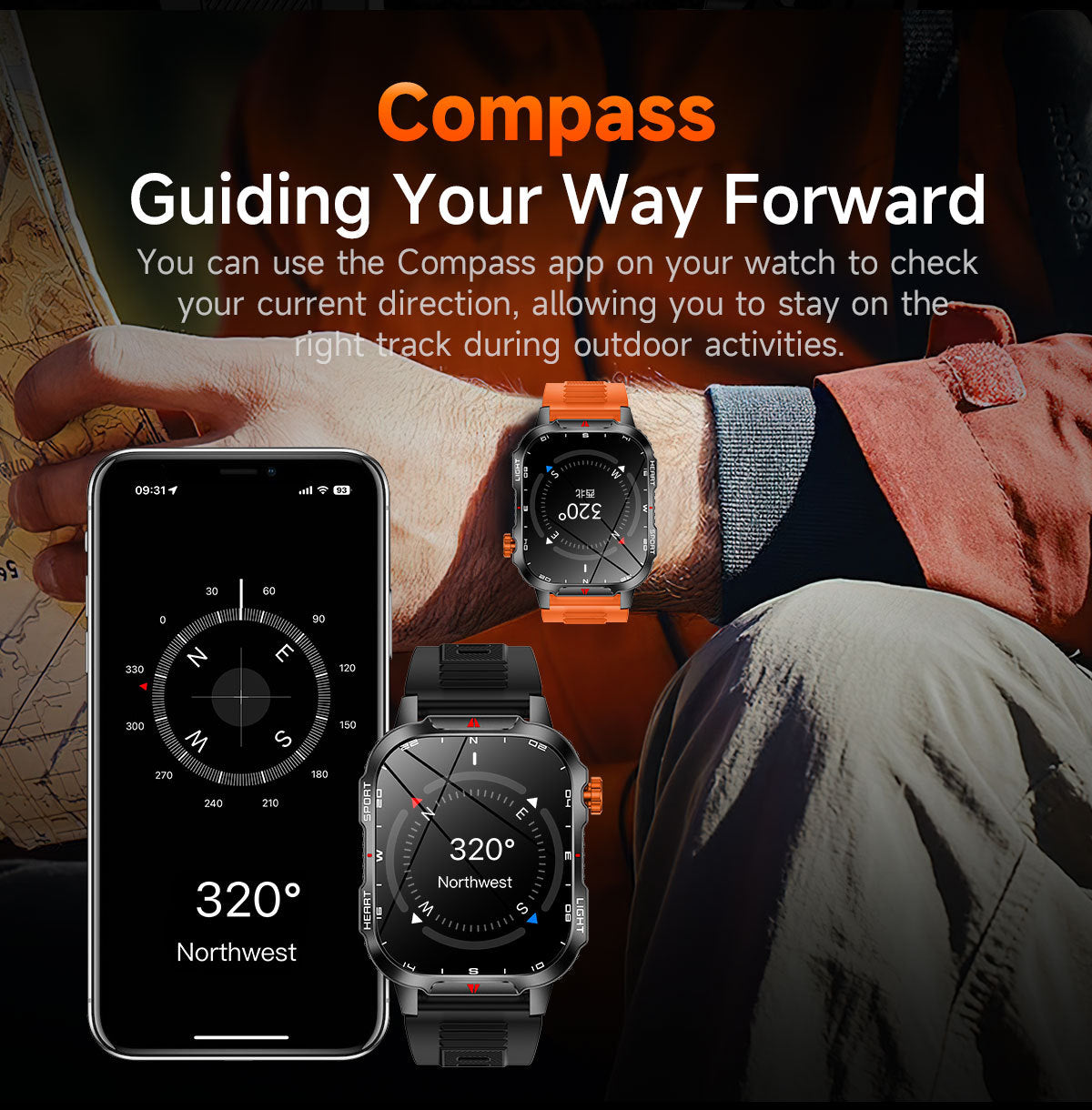 Hlpmedical rugged outdoor men's smart watch with 2.01" HD screen, orange band, LED flashlight, compass, waterproof IP68, Bluetooth calling