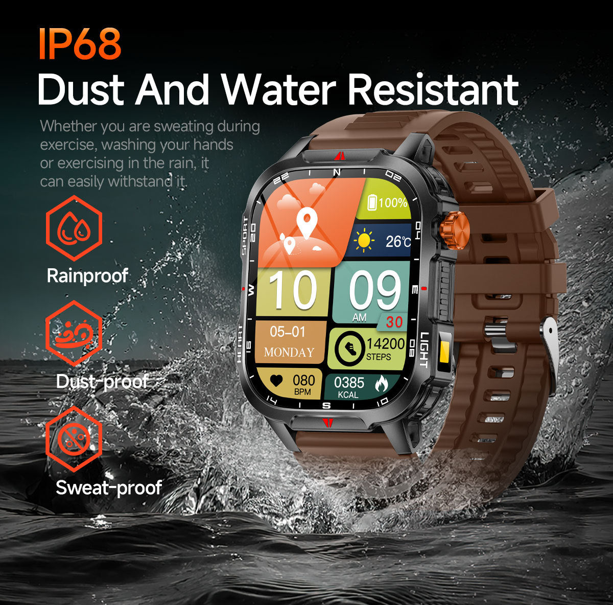 Hlpmedical rugged outdoor men's smart watch with orange band, 2.01" HD screen, LED flashlight, compass, waterproof, fitness tracker