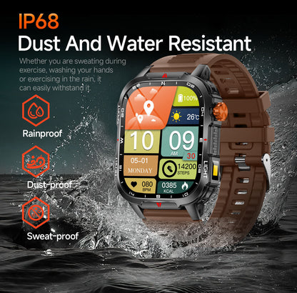 Hlpmedical rugged outdoor men's smart watch with orange band, 2.01" HD screen, LED flashlight, compass, waterproof, fitness tracker