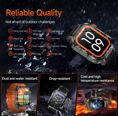 Hlpmedical rugged outdoor men's smartwatch with orange band, 2.01" HD screen, LED flashlight, compass, Bluetooth calling, IP68 waterproof