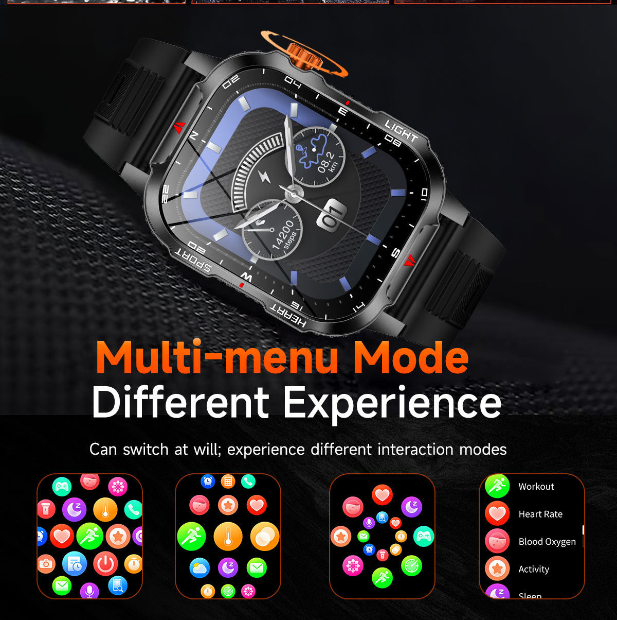 Hlpmedical rugged outdoor men's smart watch with orange band, 2.01" HD screen, LED flashlight, compass, and waterproof design.