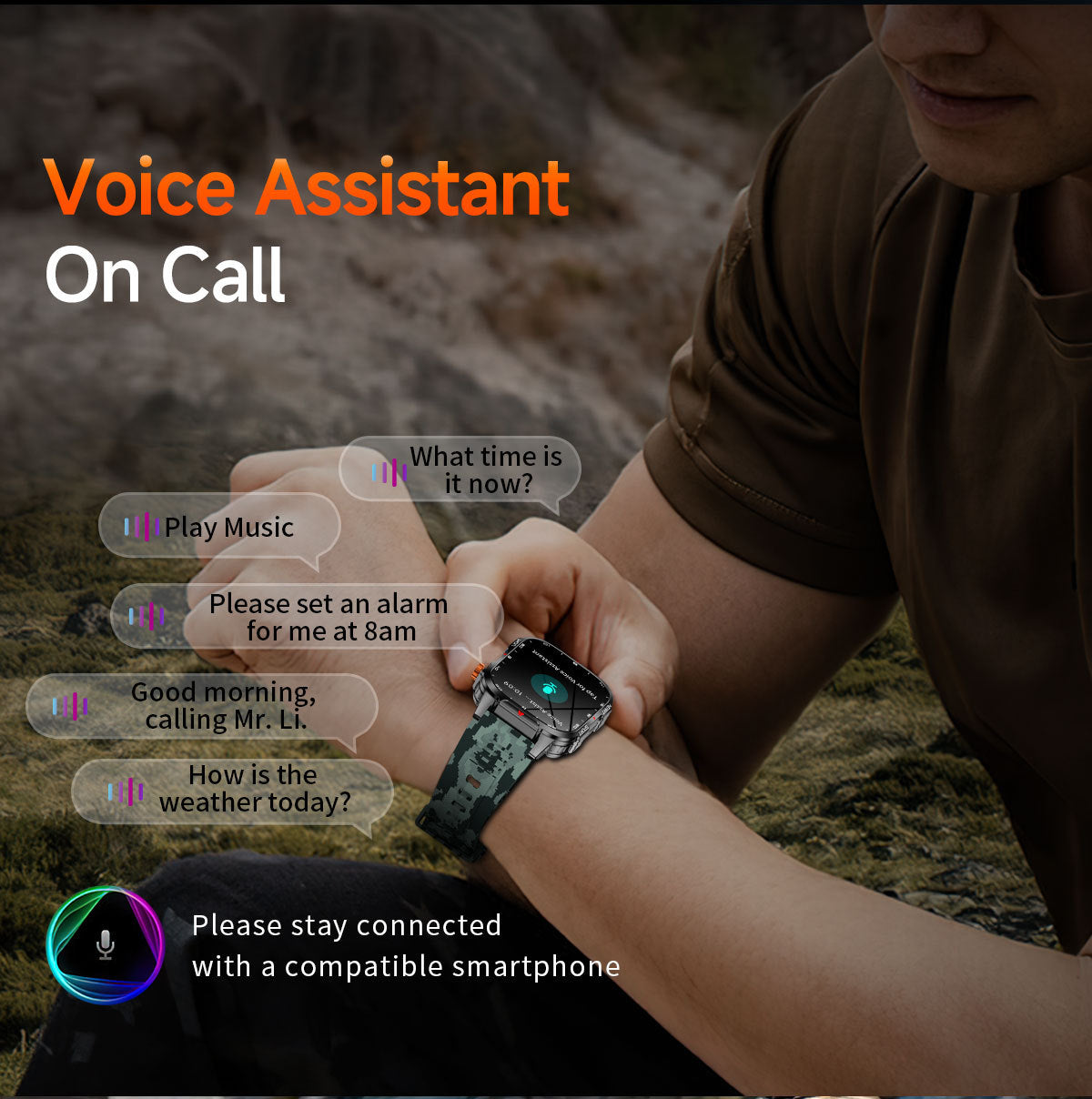 Hlpmedical rugged outdoor men's smartwatch with 2.01" HD screen, orange strap, LED flashlight, compass, Bluetooth calling, waterproof IP68