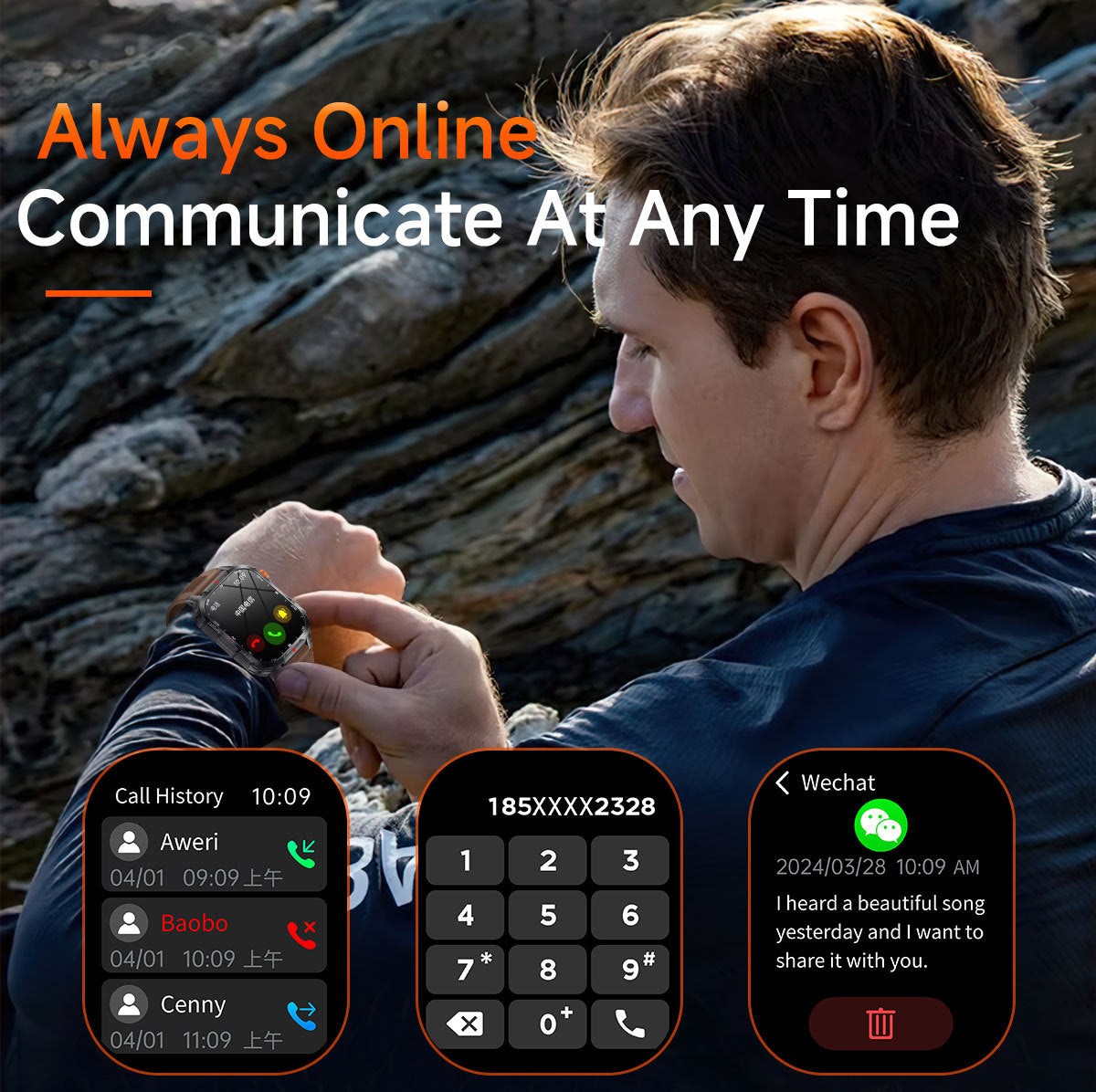 Hlpmedical rugged outdoor men's smartwatch with orange strap, 2.01" HD screen, LED flashlight, compass, and Bluetooth calling.