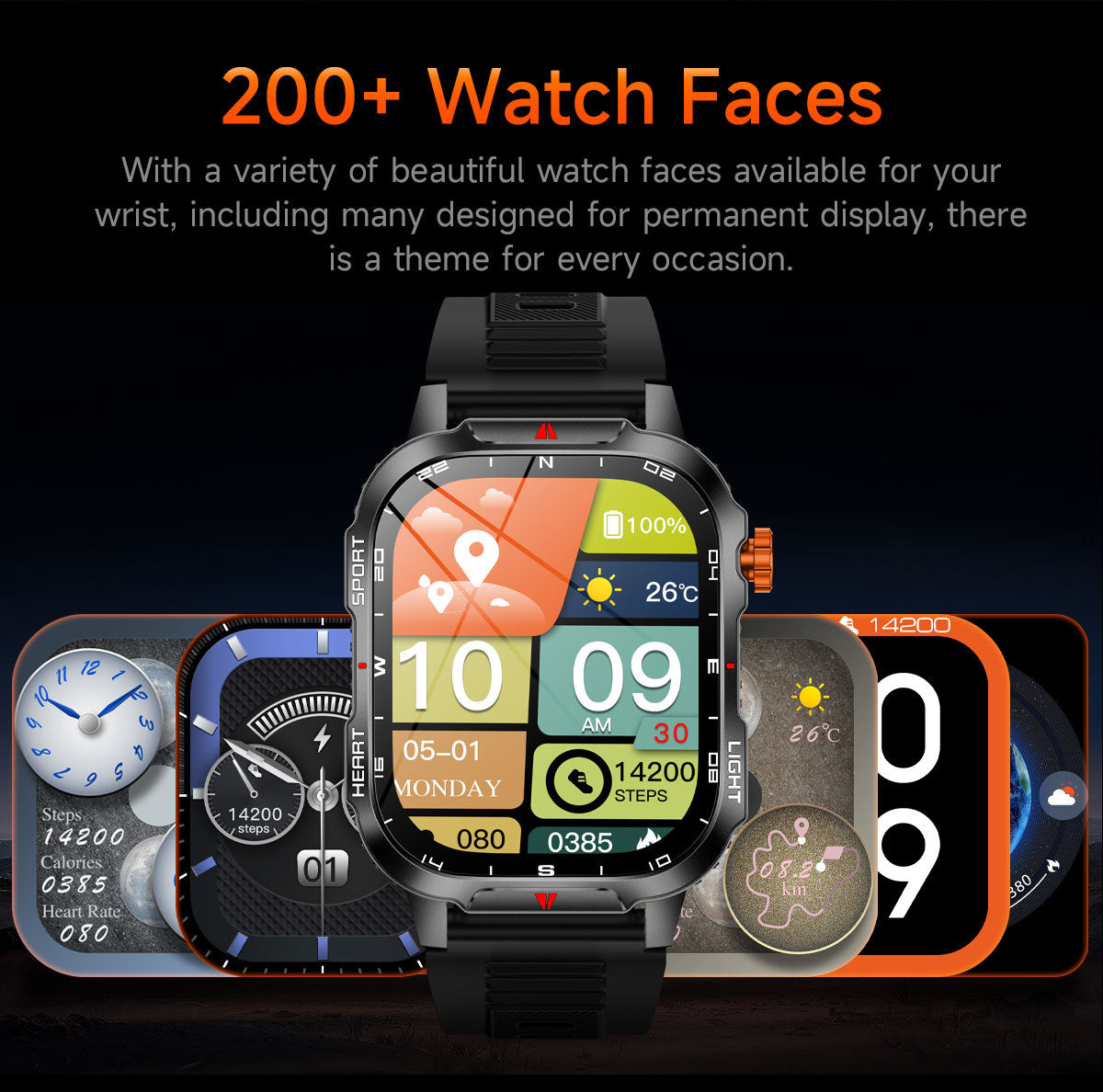 Hlpmedical rugged outdoor men's smartwatch with orange band, 2.01" HD screen, LED flashlight, compass, waterproof IP68, Bluetooth calling