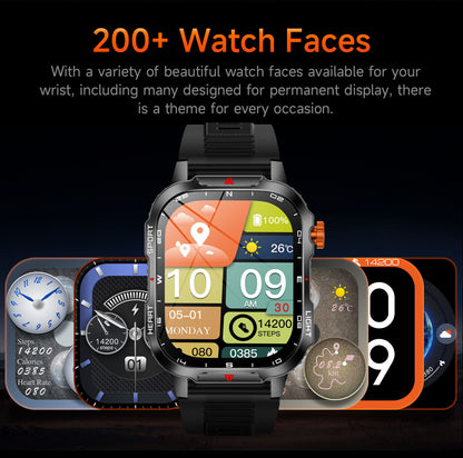 Hlpmedical rugged outdoor men's smartwatch with orange band, 2.01" HD screen, LED flashlight, compass, waterproof IP68, Bluetooth calling