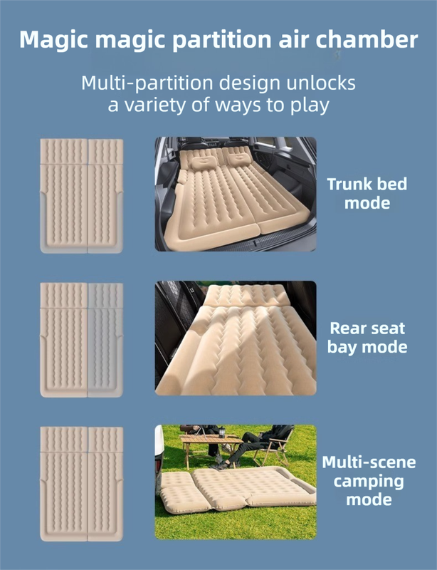 Grey multi-chamber car inflatable air mattress with electric pump, pillows, and storage bag for trunk camping by Hlpmedical.