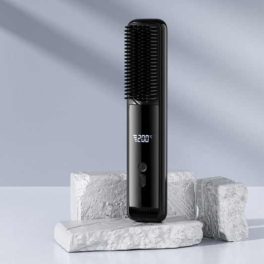 Black wireless rechargeable hair straightener brush with LCD display, ceramic heating, USB-C charging, and multiple heat settings.